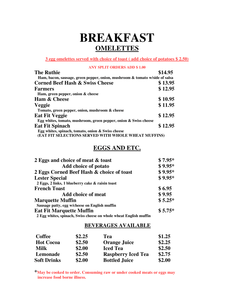 Breakfast menu 